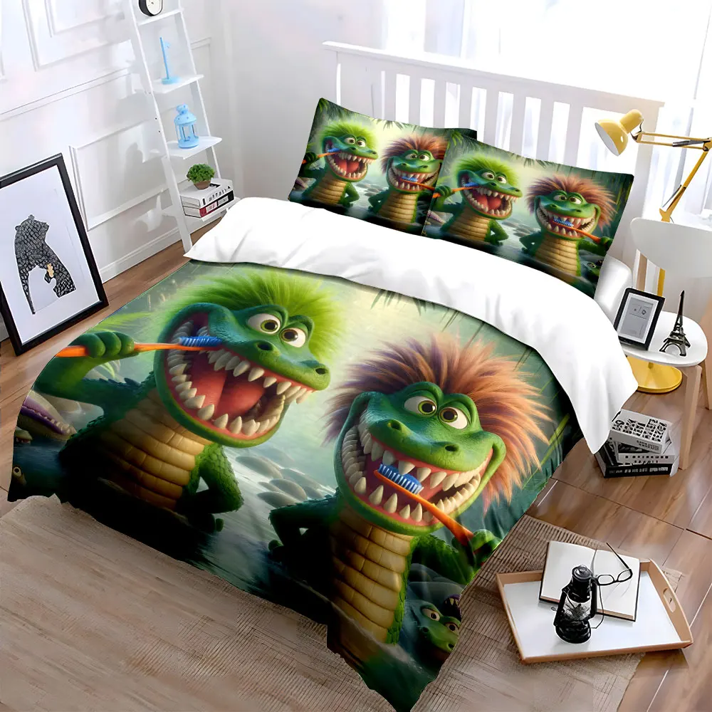 Green crocodiles brushing teeth Print Soft Comfortable Duvet Cover Bedding Set Included 1*Duvet Cover 2*Pillowcases