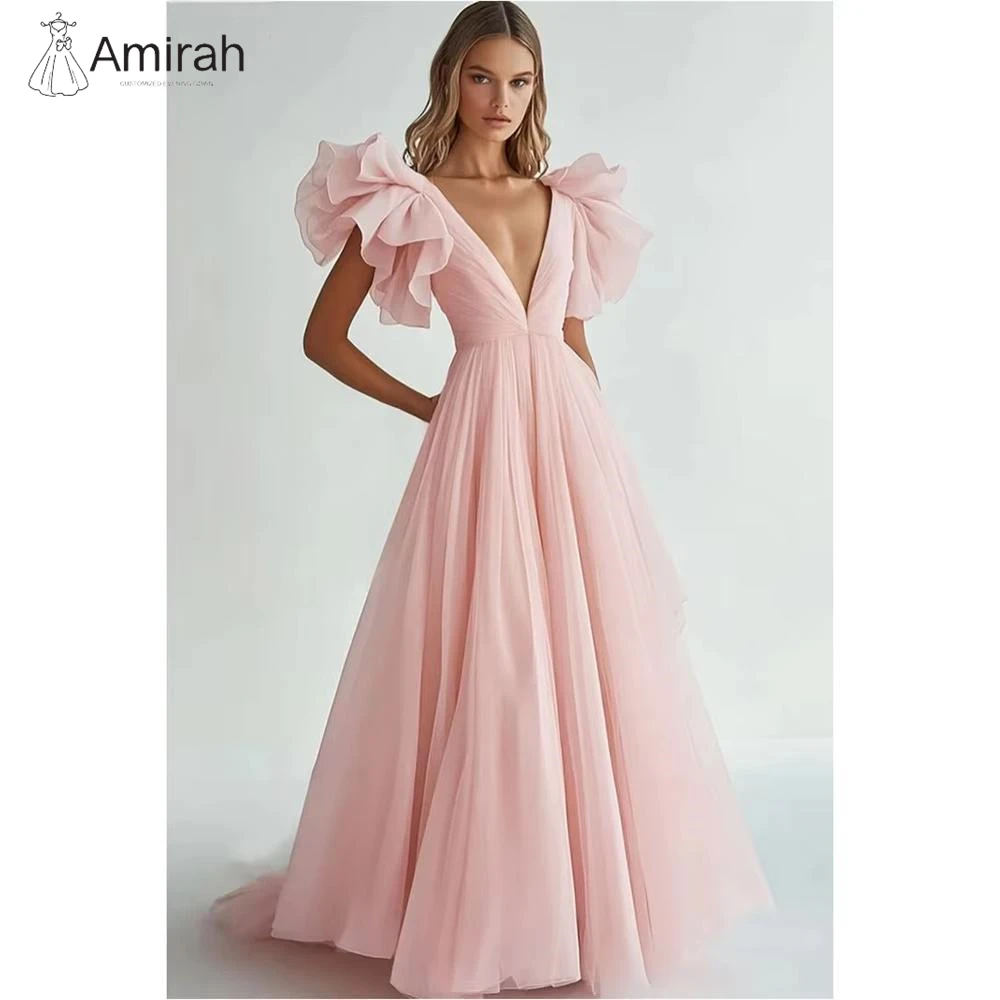 

Amirah Элегантные вечерние платья для женщин на свадьбу Тюлевое платье трапециевидной формы на заказ с открытыми плечами и v-образным вырезом Розовое праздничное платье Вечернее платье 2025