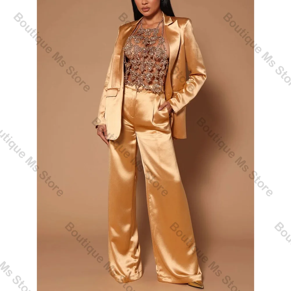 Luxury Golden Satin Fabric Single Button Women Pants Suit 2 Pieces Blazer Trousers Custom Made Set Formal Evening Party Dress