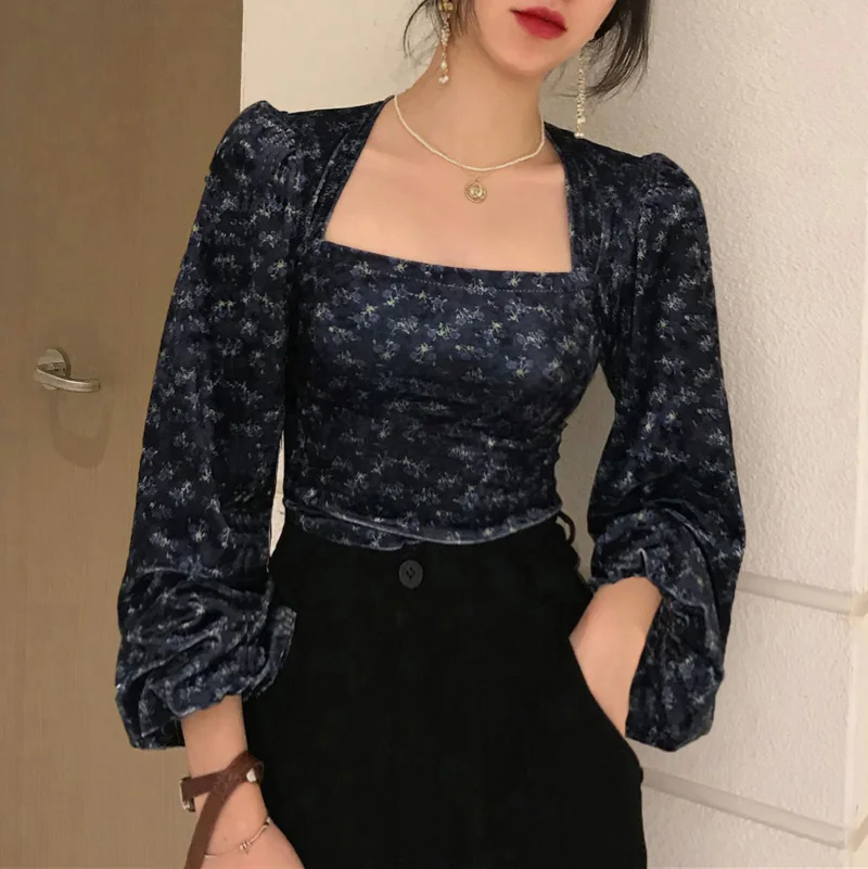 

Women Cottagecore Floral Blouse Long Sleeve Square Collar Chic Korean Shirt Female Slim Cropped Tops Outwear Blusas Fashion New