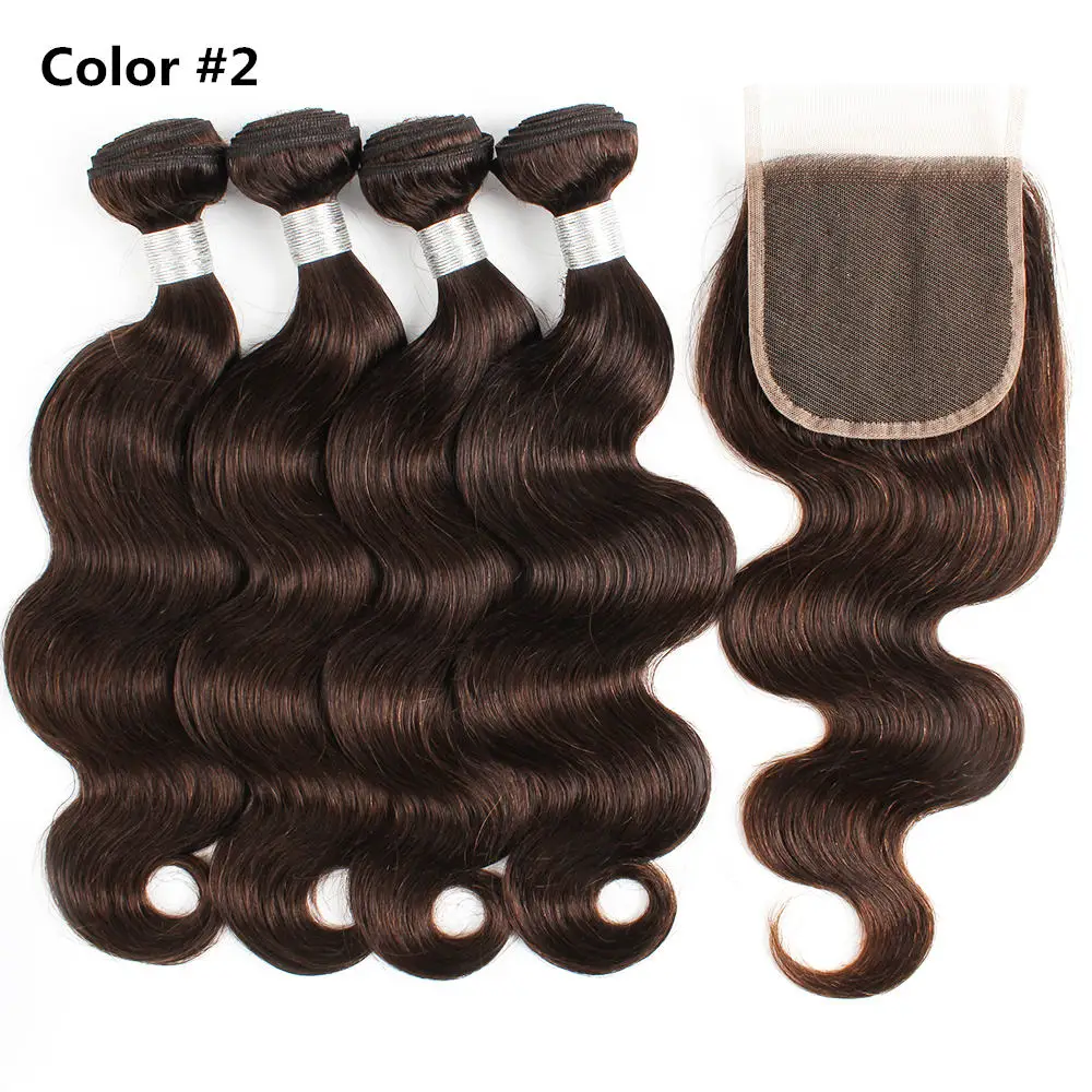 Body Wave 4 Bundles With 4*4 Lace Closure 400Gram/Lot For Full Head Dark Brown #2 #4 Remy Brazilian Human Hair Extension