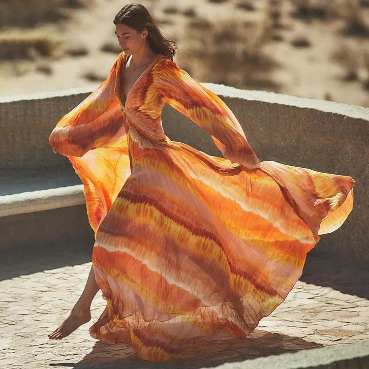 2024 Vrouwen V-Hals Chiffon Lange Mouw Oranje Eendelig Badpak En Rok Strandbadkleding