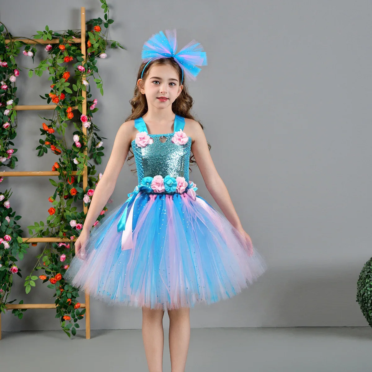 

Girls Pink Blue Flower Tutu Dress Kids Birthday Party Candy Costume Children Princess Dresses with Headband Ballet Tutu Outfit