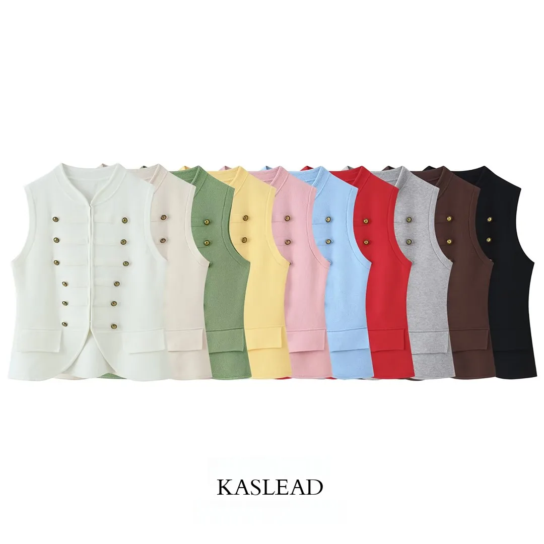 KASLEAD New Women's Fashion Simple round Neck Knitted Vest Sleeveless Poly Fiber Summer Season Double Button Open Cardigan