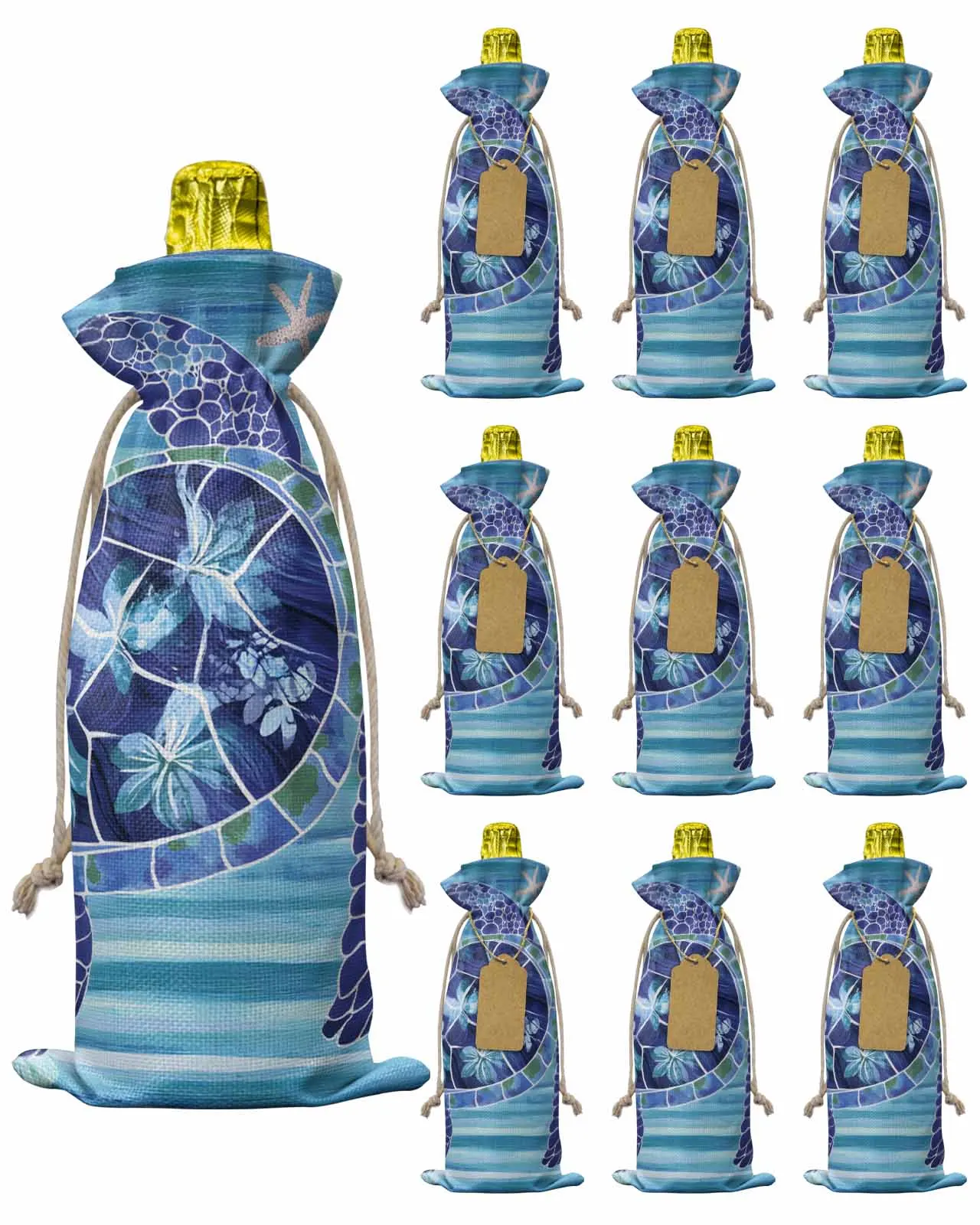 

10pcs Wine Bottle Covers Retro Ocean Blue Turtle Wine Holder Carrier Packaging Bag Wedding Party Decor Gift