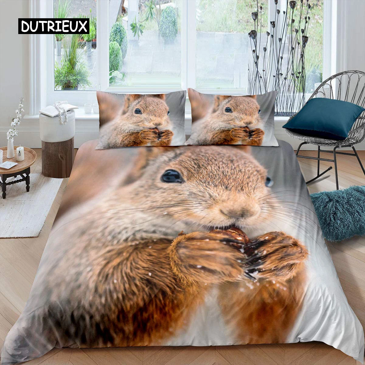 Squirrel Duvet Cover Set Cute Squirrel Twin Bedding Set 3D Animal Comforter Cover Nature Theme King Size Polyester Quilt Cover