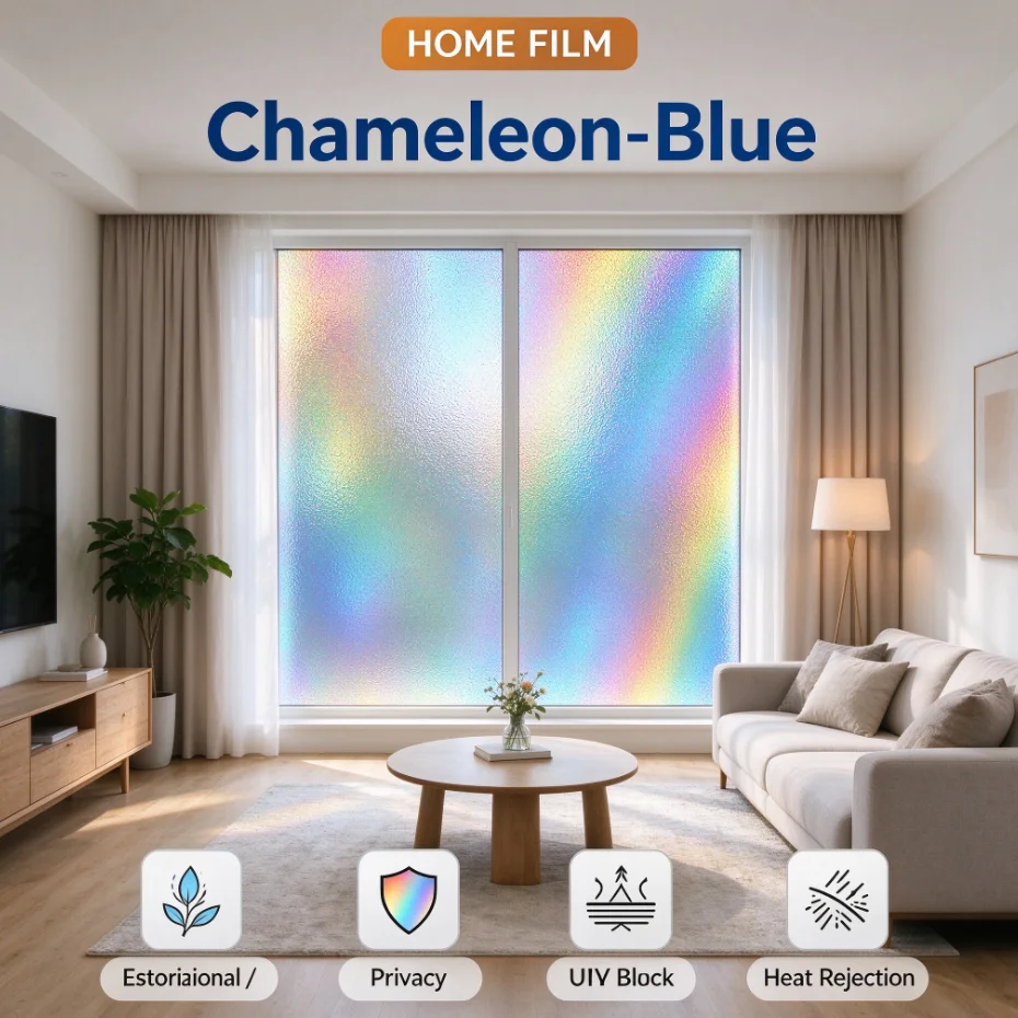 Chameleon Blue Window Tint Roll PET Material One Way Privacy Heat Rejection Anti Glare Solar Control For Household Automotive Wi