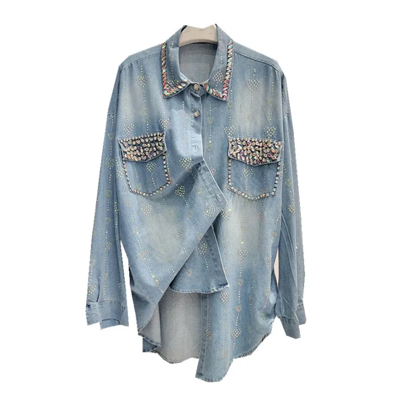 Denim Blouse Women\'s 2024 Spring and Autumn Love Striped Crystal Rhinestone Denim Coat Casual Loose Shirt Top