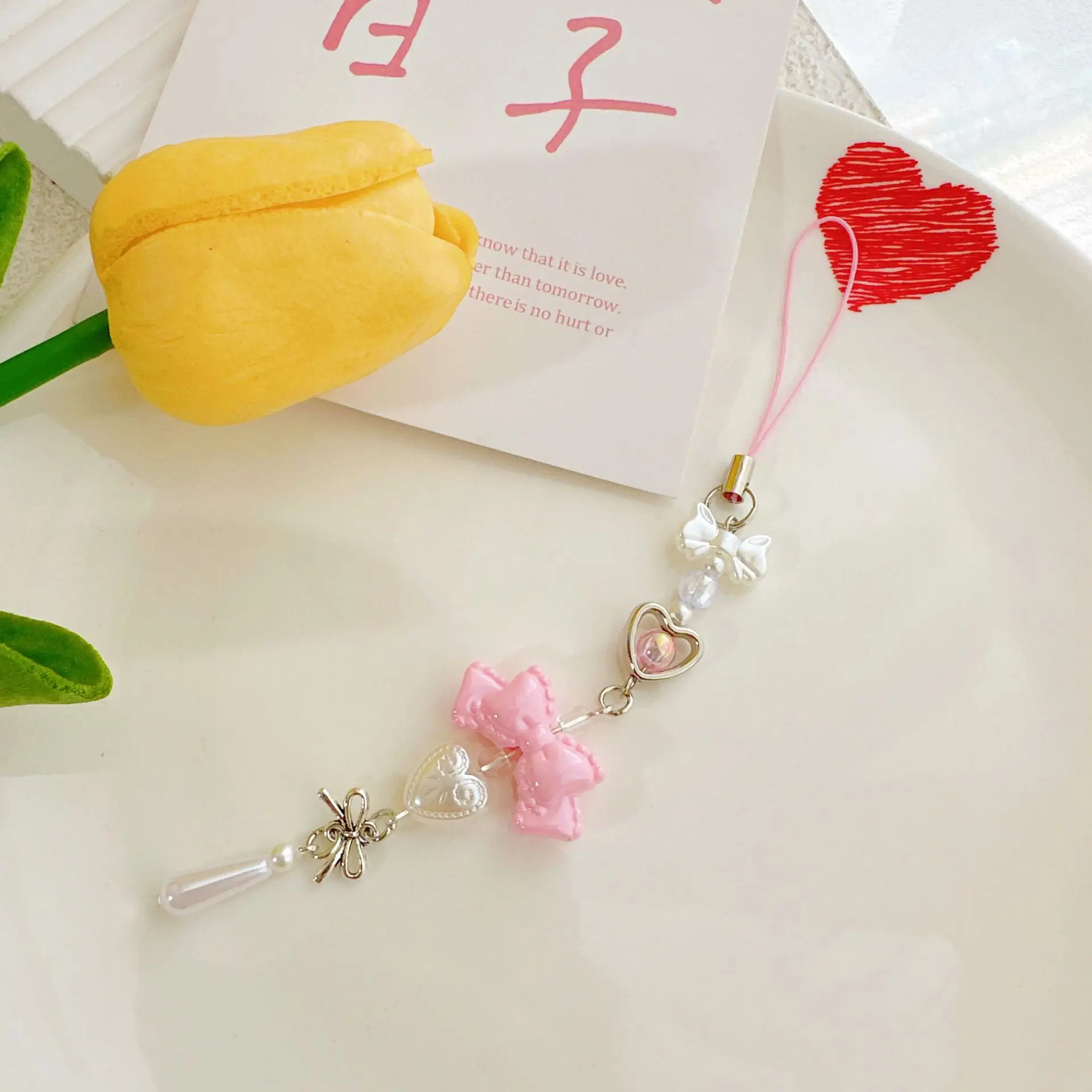 Pink Princess Bow Heart Keychain, Phone Charm