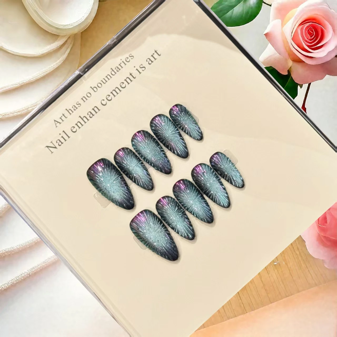 10 pièces en forme d'amande presse sur les ongles à la main oeil de chat Glam ongles de luxe faux ongles ensemble avec 4 pièces outils onglets adhésifs pour ongles