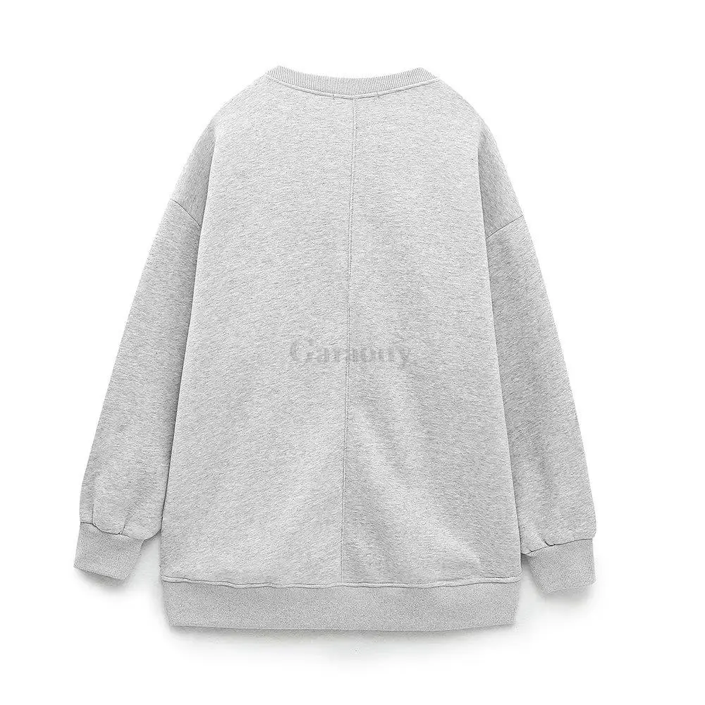 Garaouy2023 Spring Woman New Grey Round Neck Letter Embroidery Fleece Sweatshirt Pullover + Elastic High Waist Sweatpants Female