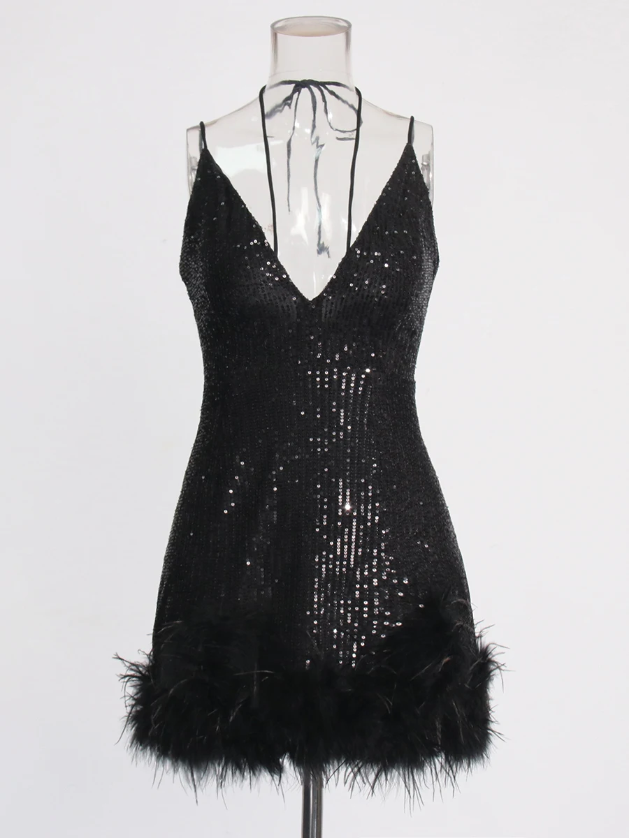 TWOTWINSTYLE Sexy Party Gesplitste Veren Jurk voor Vrouwen V-hals Mouwloos Patchwork Pailletten Solid Glitter Korte Jurken Vrouwelijke