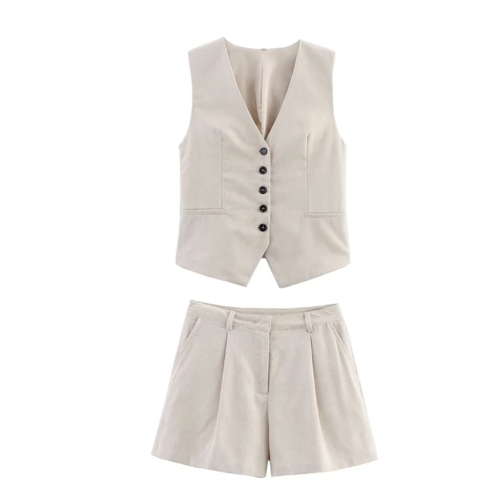 

Женский льняной комплект, новинка 2025, модный летний жилет без рукавов и короткие брюки, комплект для женщин, повседневный шикарный женский костюм