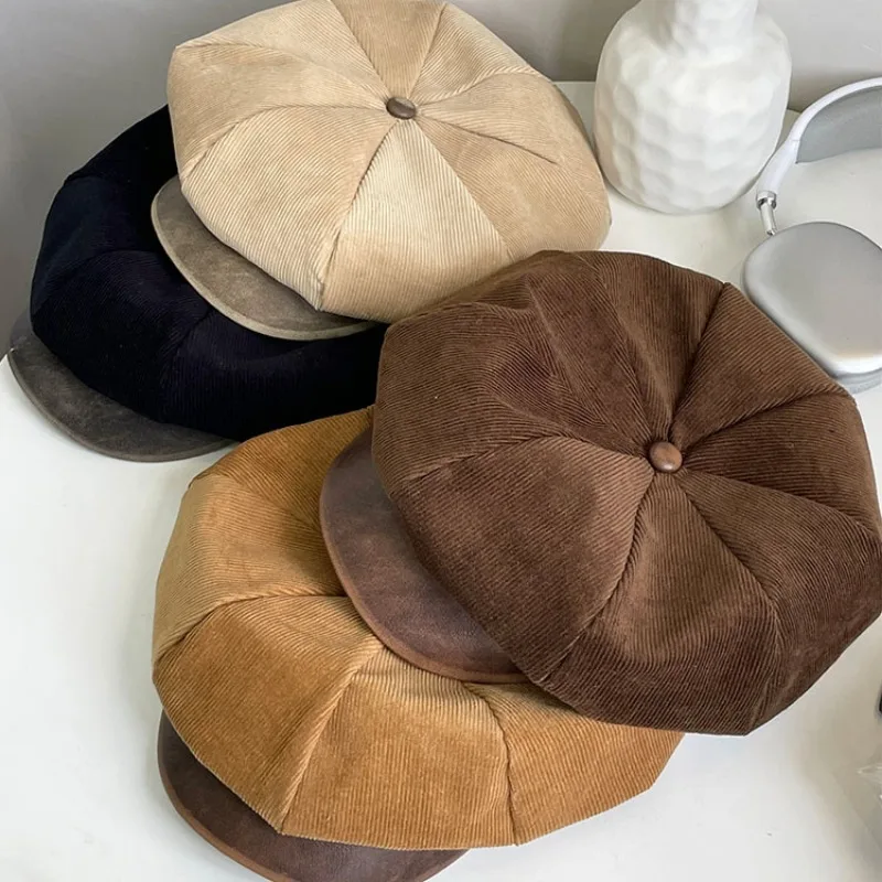 Korean Ins Leather Brim Splicing Retro Octagonal Hat Autumn and Winter Corduroy British Men\'s and Women\'s Warm Newsboy Caps