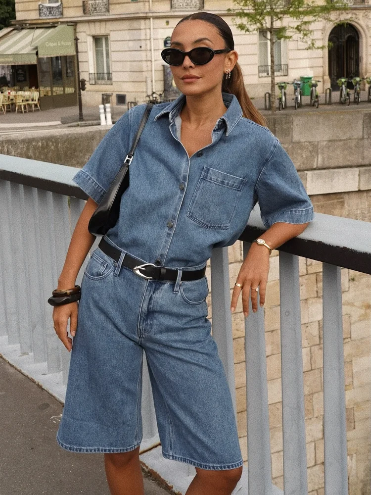 

Elegant Denim Wide Leg Short Set For Women Chic Single Breasted Short Sleeve Lapel Shirt Suit 2025 Summer High Street Outfit New