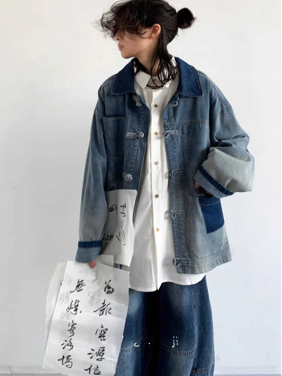 Retro Waed Denim Jaet Loose Fit ex Frühling Herbst Chinesische Nationale Sle Jaet mit Knopfspleißen Trendige Marke