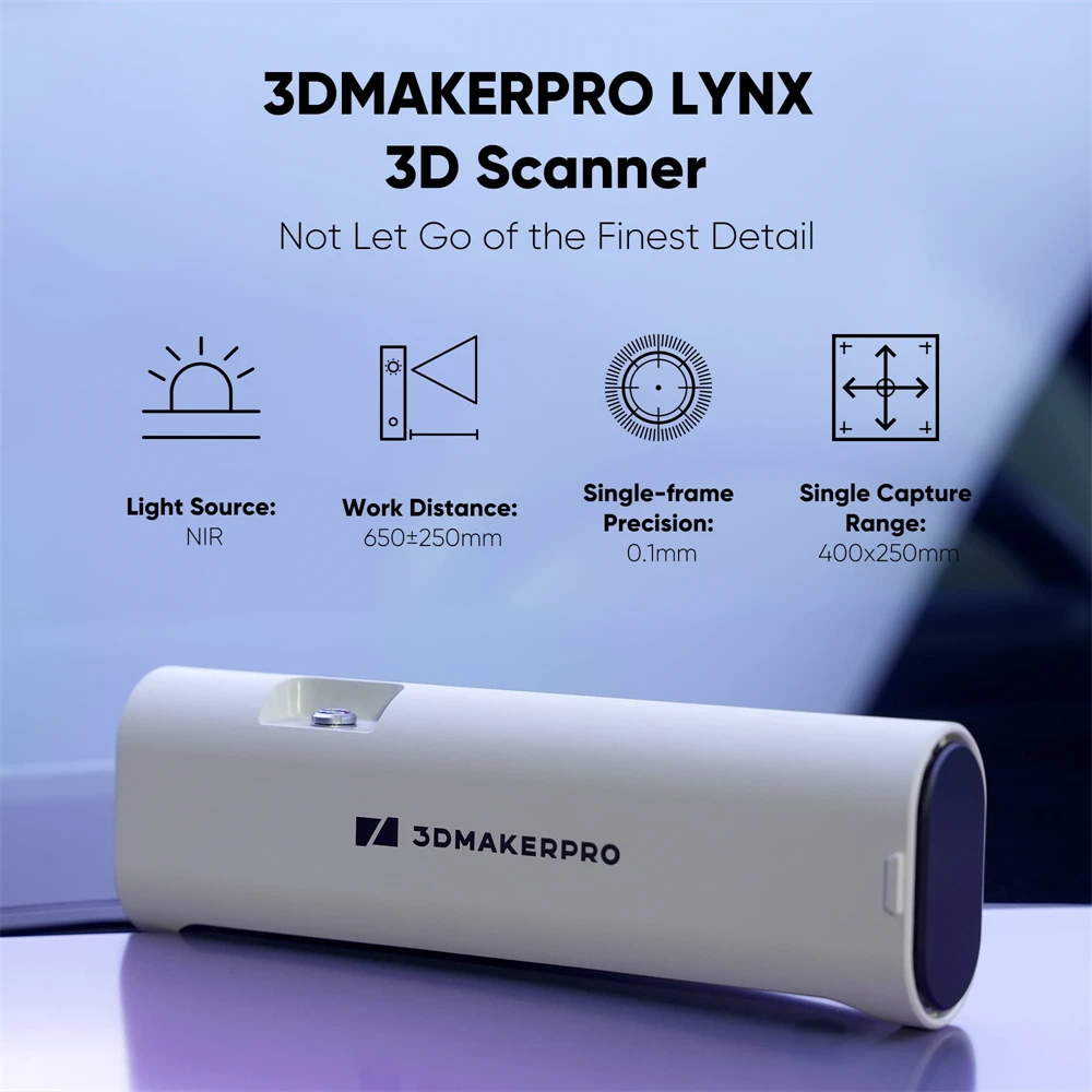 3DMakerpro-Scanner 3D Lynx de 0.1mm avec Précision, 10 FPS, Vitesse, Grande Échelle, Logiciel Gratuit avec Étui Portable Colorable