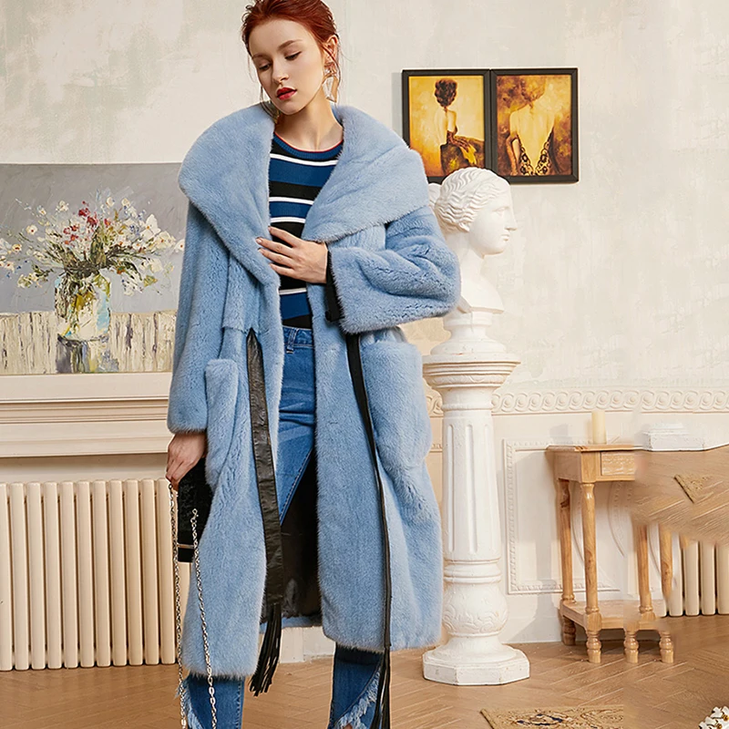 Ftangaiur Zimowy Damski Importowany Aksamitny Płaszcz z Futra Norki Płaszcz Norkowy Damska Kurtka z Futrzanym Kapturem Pasek Bardzo Długi Naturalny Prawdziwy Płaszcz z Futra Norki