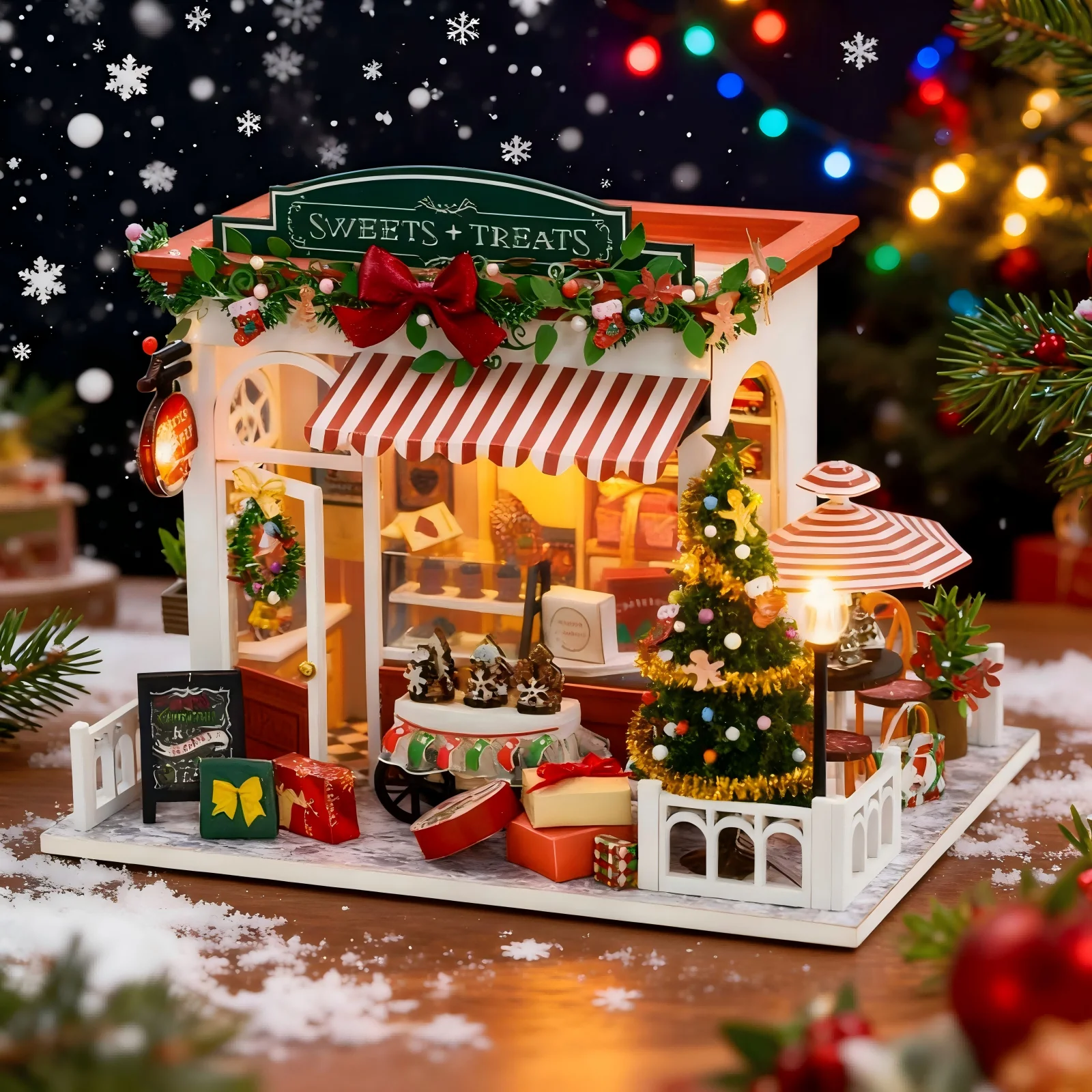 Christmas Dollhouse DIY Miniature Kit with Furniture Xmas Village Wooden Model House Holiday Gift for Teens Adults