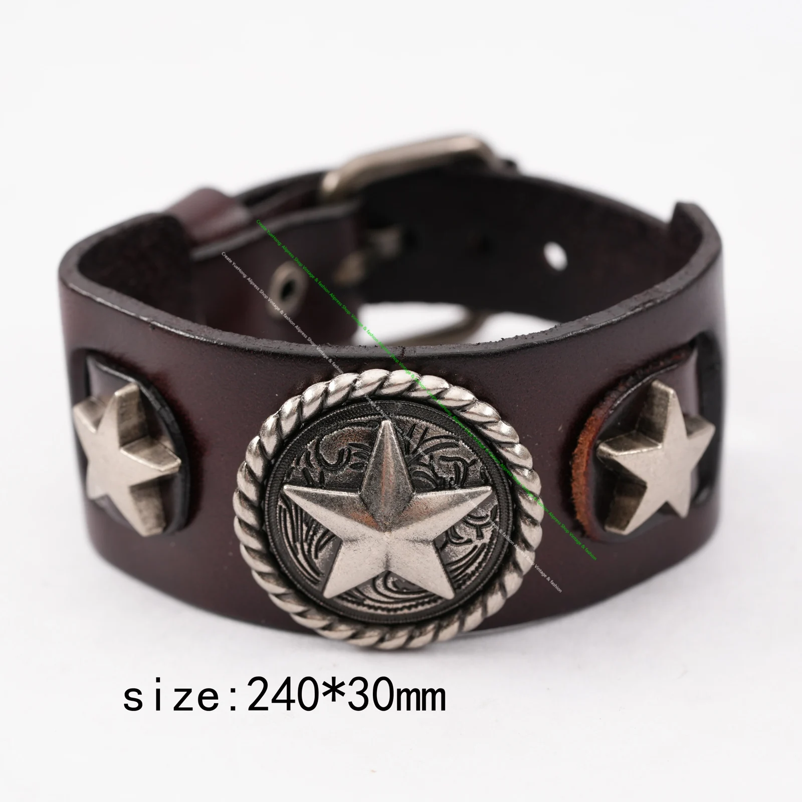 Star Button Style Metal Studded Genuine Punk Quality Wide Cowhide Leather Bracelet Cuff Wristband Bangle Brown