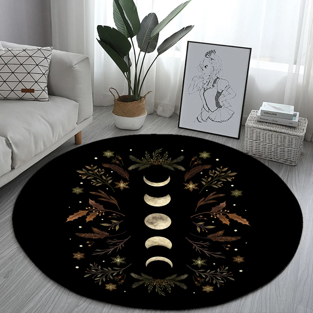 Black Moon Phase Flower Round Rugs Bee Illustration Sofa Rug Home Living Room Bedroom Bathroom Floor Mats Print Decorate Carpet