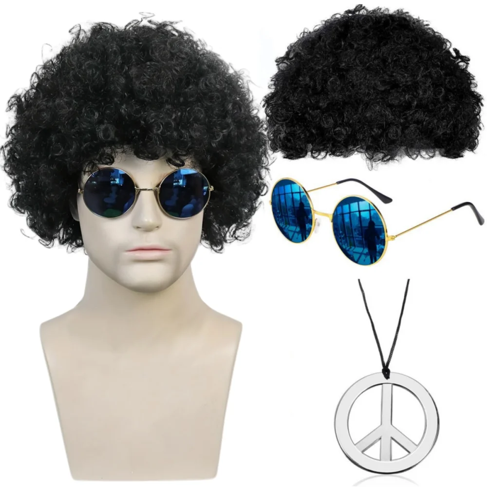 3/4pcs Set 70s 80s Disco wig with Mustache Glasses Necklace Chain ,Synthetic Hair Afro Mens Rocker Halloween Party Dress Up