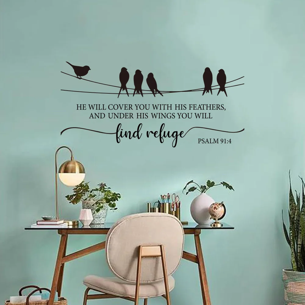 المسيحية الكتاب المقدس الآية مزمور 91:4 الجدار ملصق غرفة نوم سوف تغطيتك مع ريش له جدار ملصق غرفة المعيشة ديكور المنزل