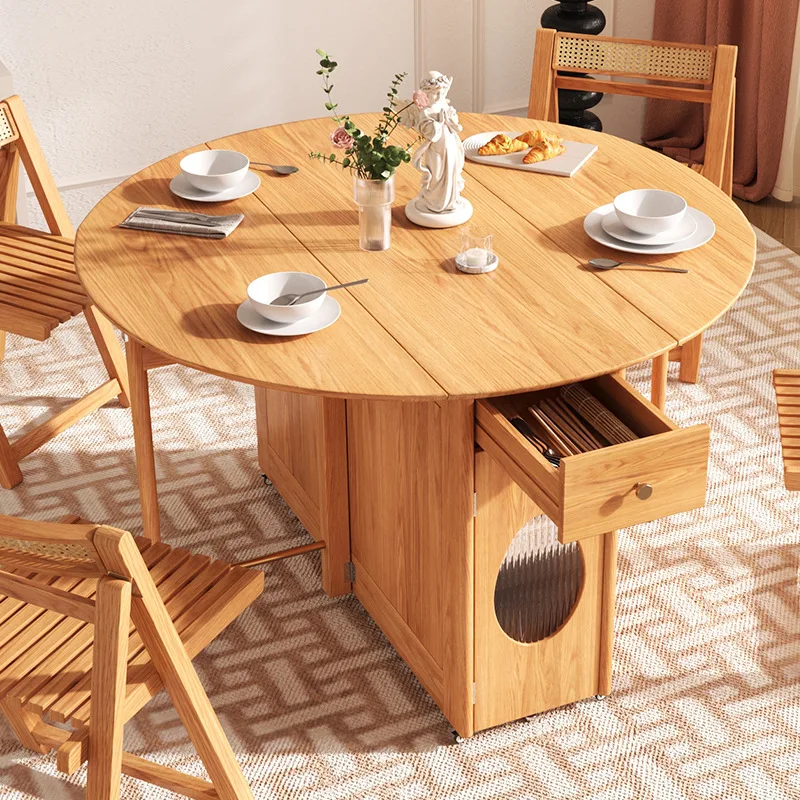 북유럽 원목 텔레스코픽 접이식 원형 식탁 소형 아파트용 고급스러운 탈착식 수납 애쉬 우드 식탁