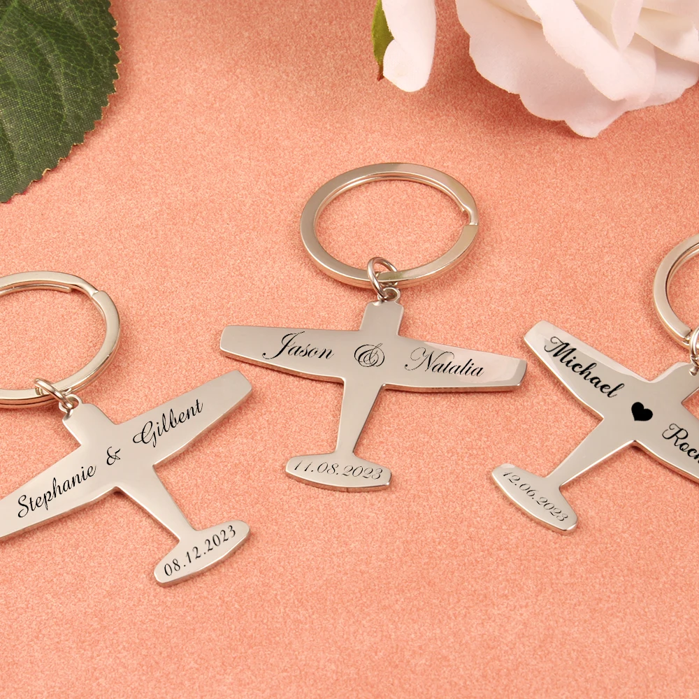 Custom Name And Date Laser Engraving Airplane Keychain Birthday Gifts Fashion Stainless Plane Key Chain Wedding Gifts For Guests