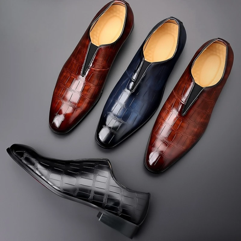 Classic Style Men's Stone Texture Casual Leather Shoes Comfortable Breathable Slip-On Formal Low-Top Wedding Shoes Pointed Toe