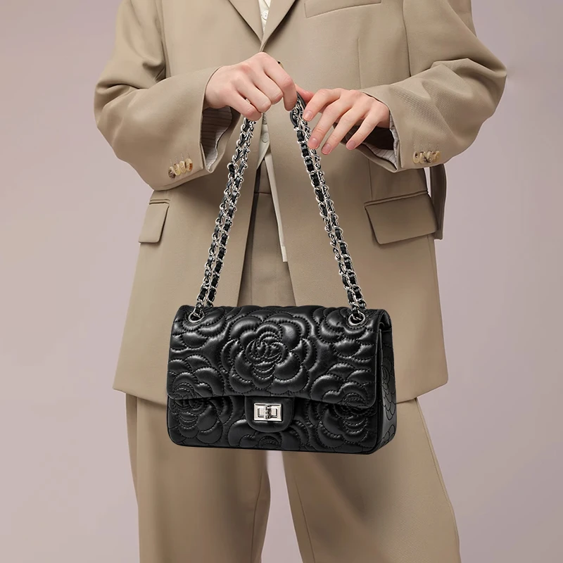 

2025 new women's senior sense bag ladies leather camellia pattern chain bag shoulder messenger bag