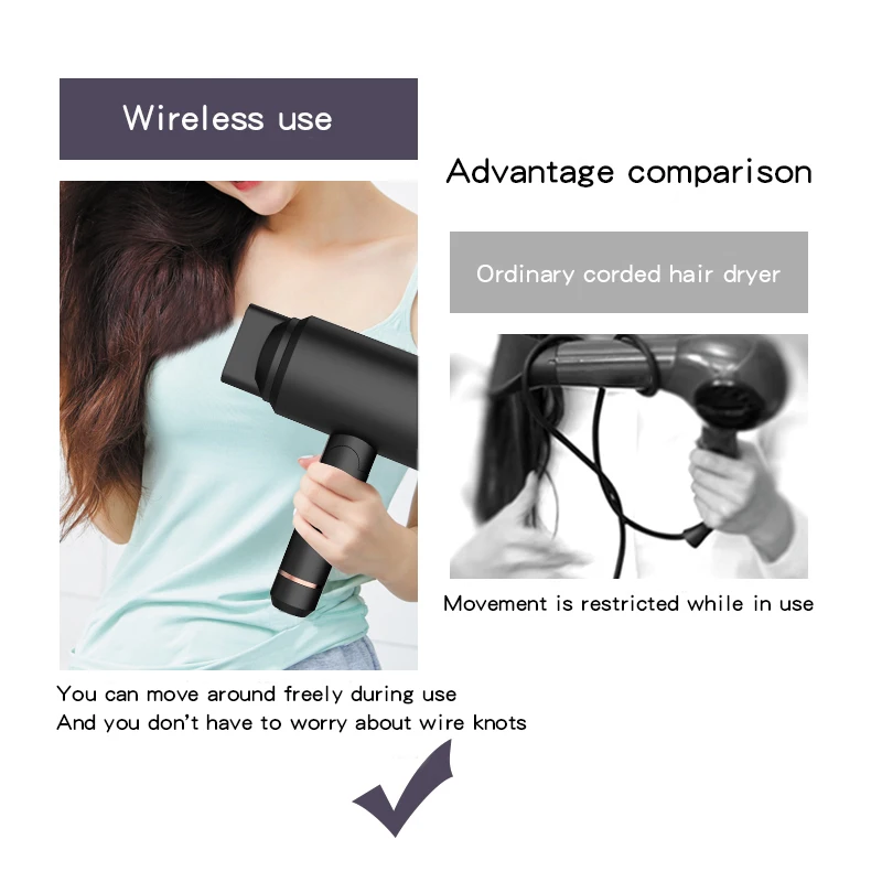 Secador de cabelo iônico profissional de 400 W - portátil sem fio e recarregável para uso em hotel/casa (secagem rápida, leve, baixo ruído) ​