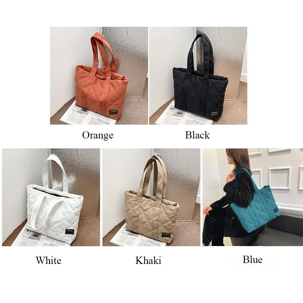 Fashion Nylon Quilted Tote Bags Solid Color Large Capacity Cotton Padded Handbags Cotton Fluffy Top-handle Bags Winter
