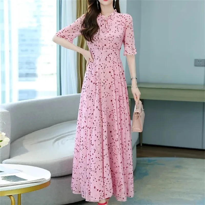 2024 Summer Floral Dresses For Women Korean Party Casual Beach Chiffon Formal Maxi Elegant Spring Long Evening Dress