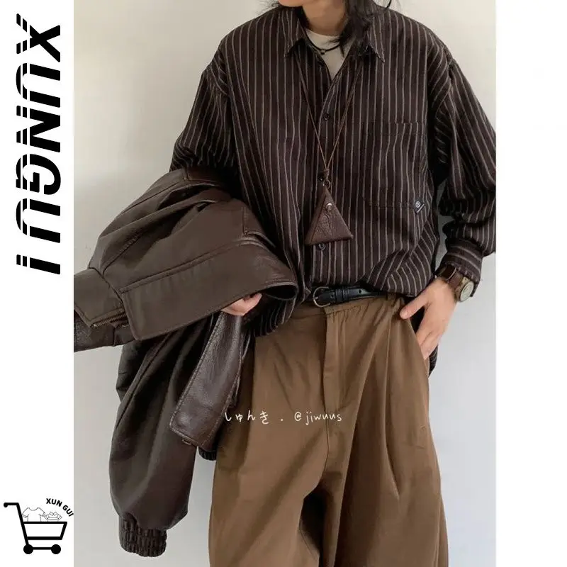 Fashion Retro Striped Shirt Loose Long Sleeve Square Neck Unisex College Style