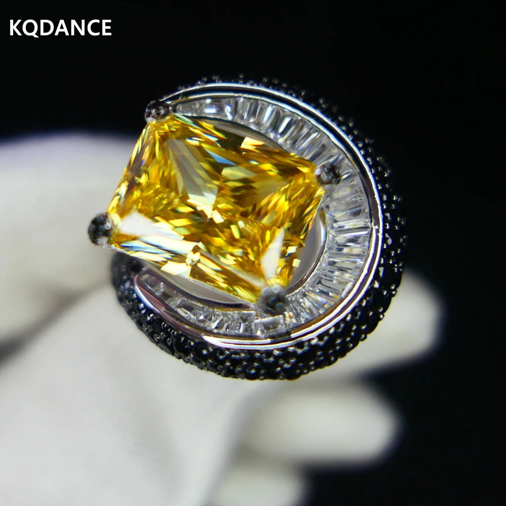 KQDANCE Luxury Solid 925 Sterling Silver Rectangle Yellow High Carbon Diamond Black Moon Rings with Big Stone Women Fine Jewelry