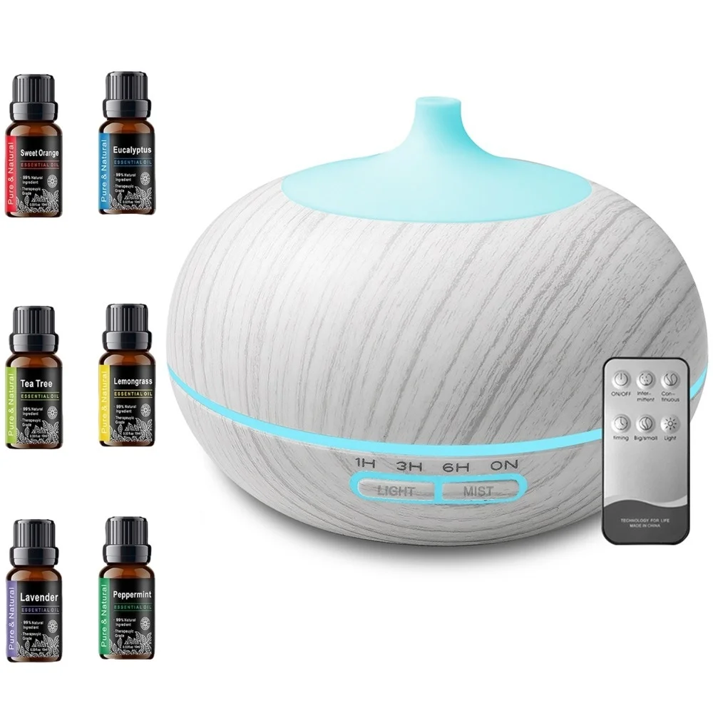 Juego de difusores de aromaterapia de grano de madera de 550ml, 6 aceites esenciales con Control remoto, humidificador ultrasónico LED de 7 colores, regalo para Spa en casa