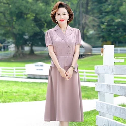 Robes Silk Satin Short Sleeve Midi Dress Women Chic Chinese Style Vestidos Summer Elegant splicing Dress