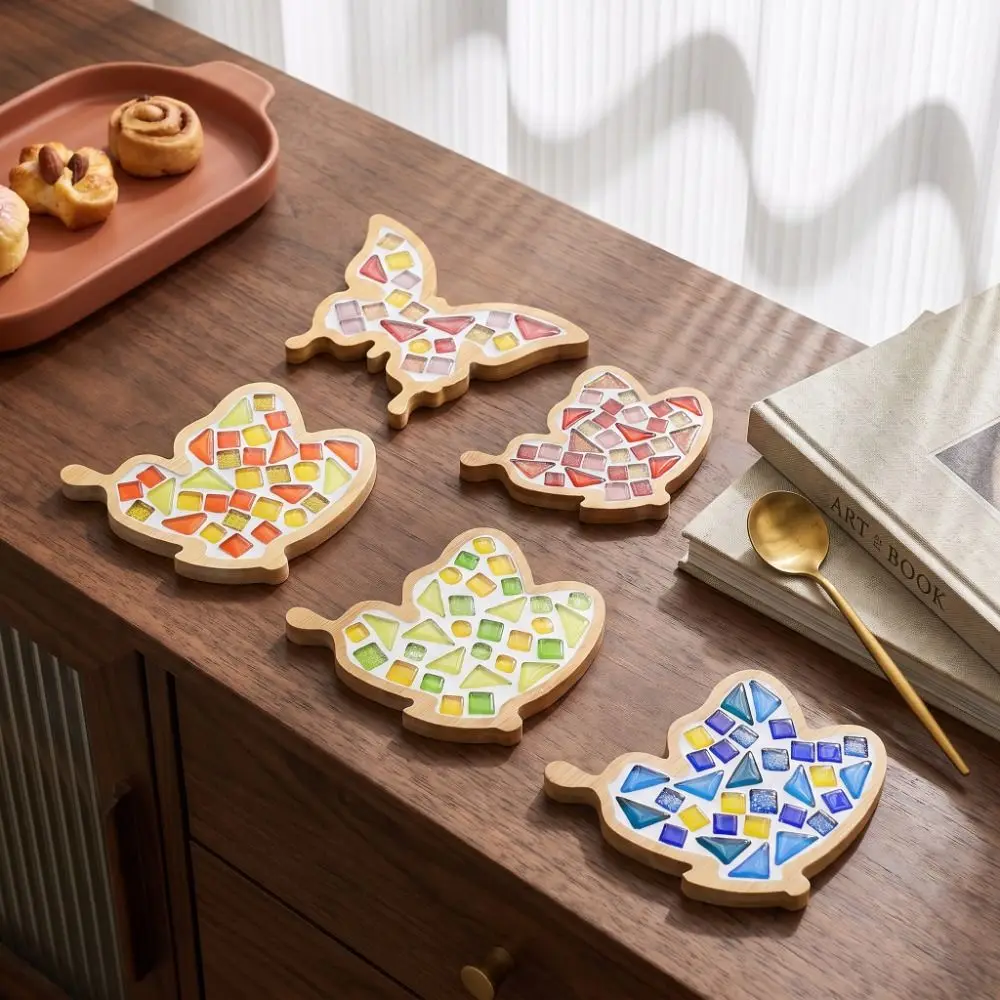 Mixed Color DIY Mosaic Coaster Bamboo Glass Mosaic Drinking Cup Pad Heat-resistant Thermal Insulation Handmade Drinkware Tray