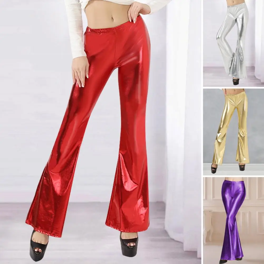 

Women Shiny Flare Trousers Laser Metallic Wetlook Ruffle Wide Leg Pants Retro 70s Disco Club Trousers Skinny Bell Bottoms