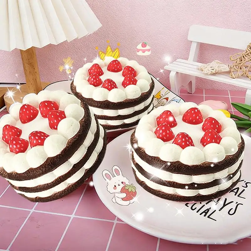 Kawaii Simulation Strawberry Birthday Cake Press Squeeze Toy Soft Food Fidget Stress Relief Toy for Kids Party Gift Accessory