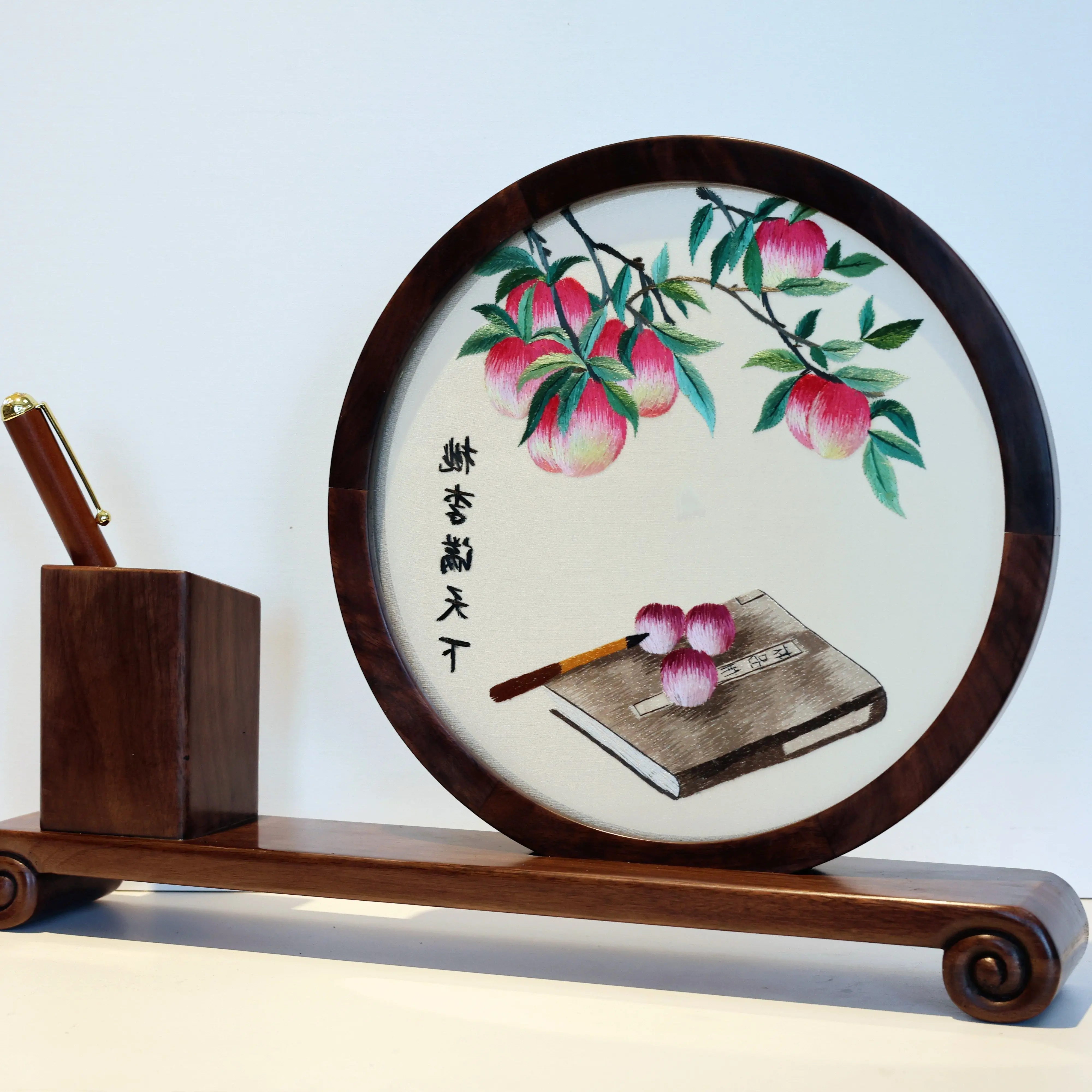 embroidery double-sided decorative piece, new -style pen holder, hand-embroidered ornament, business desk centerpiece,