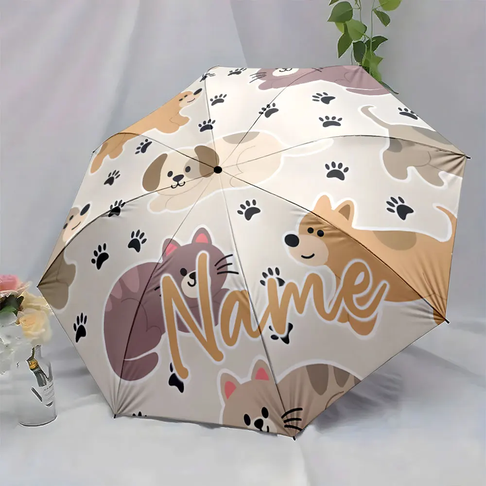 Custom Name Umbrella Cute Pets and Paw Prints Umbrella Design Print 8 Iron Ribs Folding Umbrella Auto-Open Fashion Sunshade