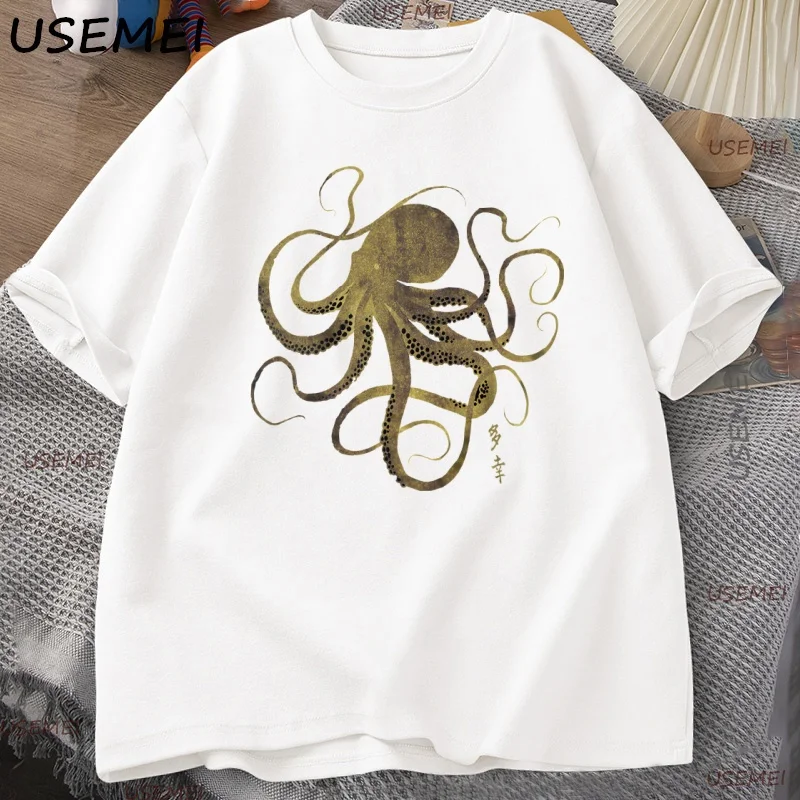 

Octopus Japanese Calligraphy T Shirt Japan Anime Manga Gold Print T-shirt Samurai Mens Womens Printed Tee Casual Short Sleeve