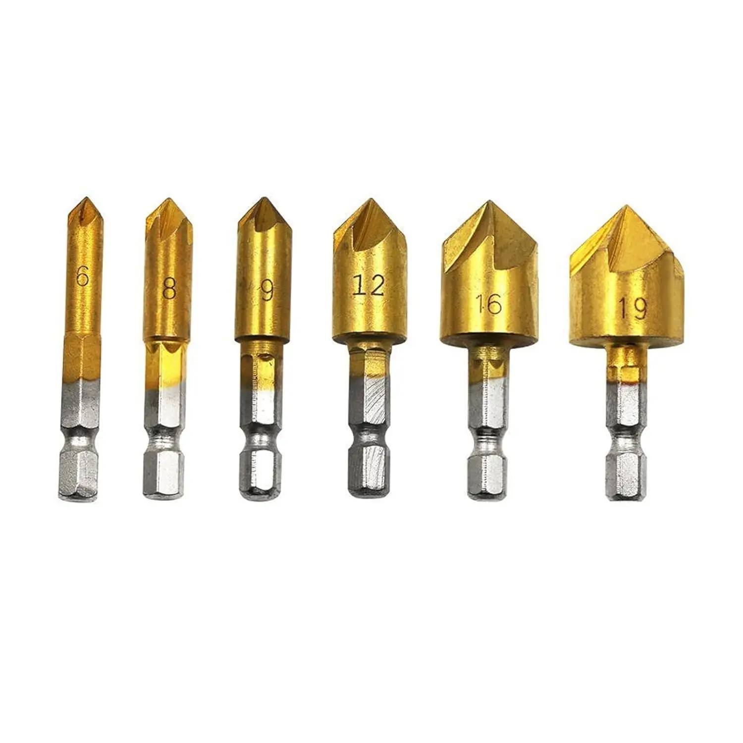 6PC Hexagonal Handle Titanium Plated Five Edge Chamfering Knife Countersunk Drill 6-19mm Woodworking Spot Facer Tool Set