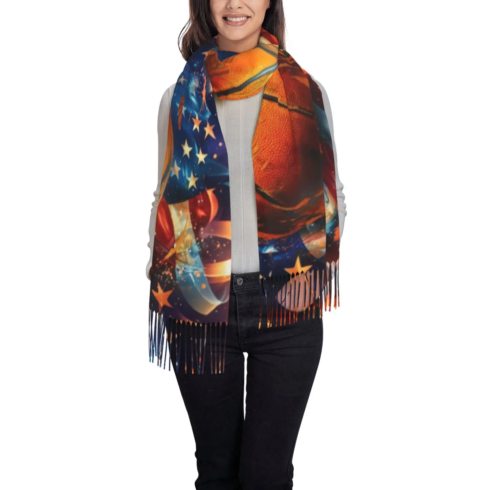 Novelty Basketball Galaxy Star Fringe Shawl Scarf Lightweight Wrap Cape Unique Gift for Basketball Sports Fans