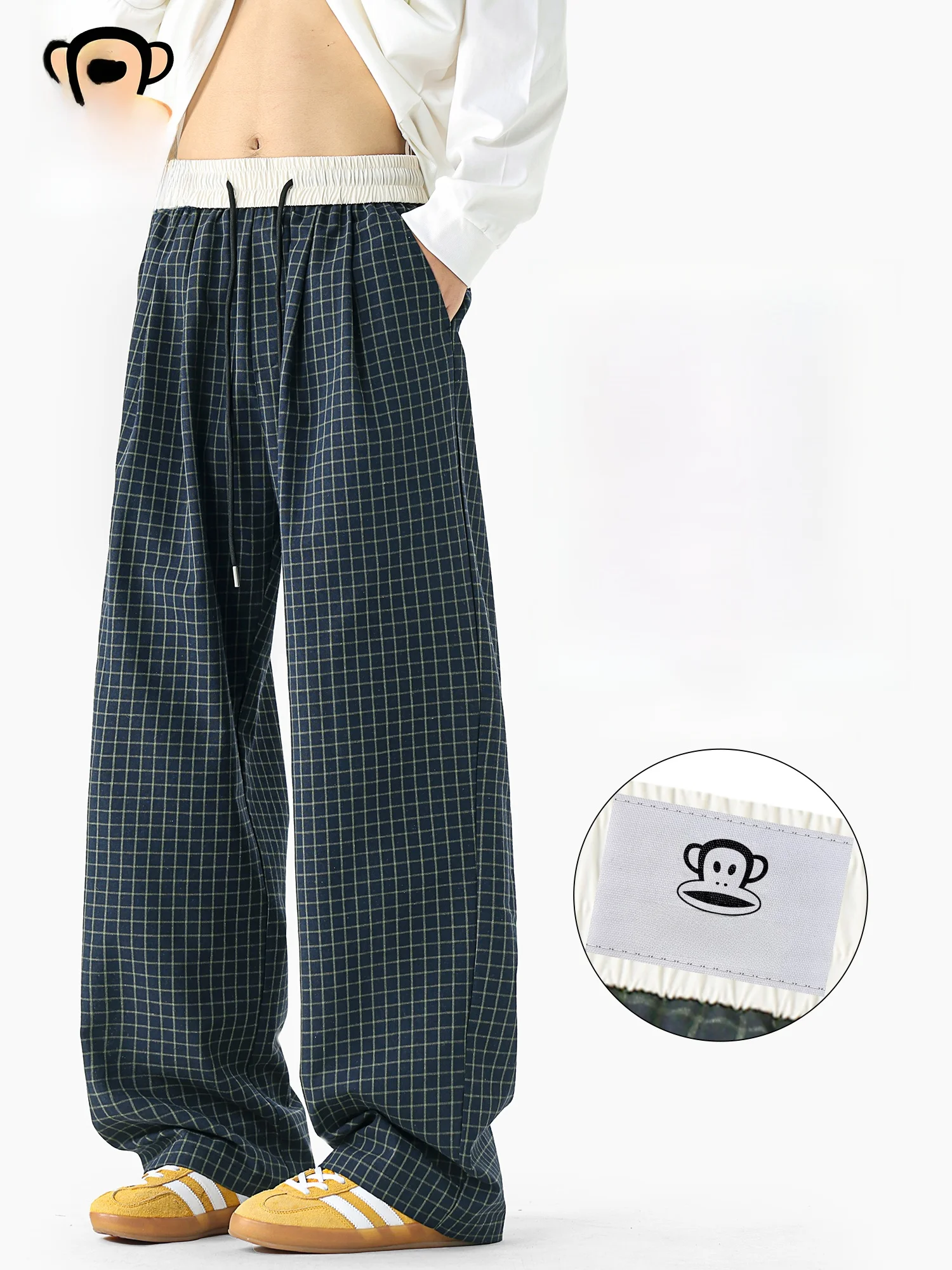 

Мужские повседневные брюки PaulFrank в американском ретро-стиле в клетку, весенние трендовые свободные прямые брюки с широкими штанинами, удобные брюки свободного кроя