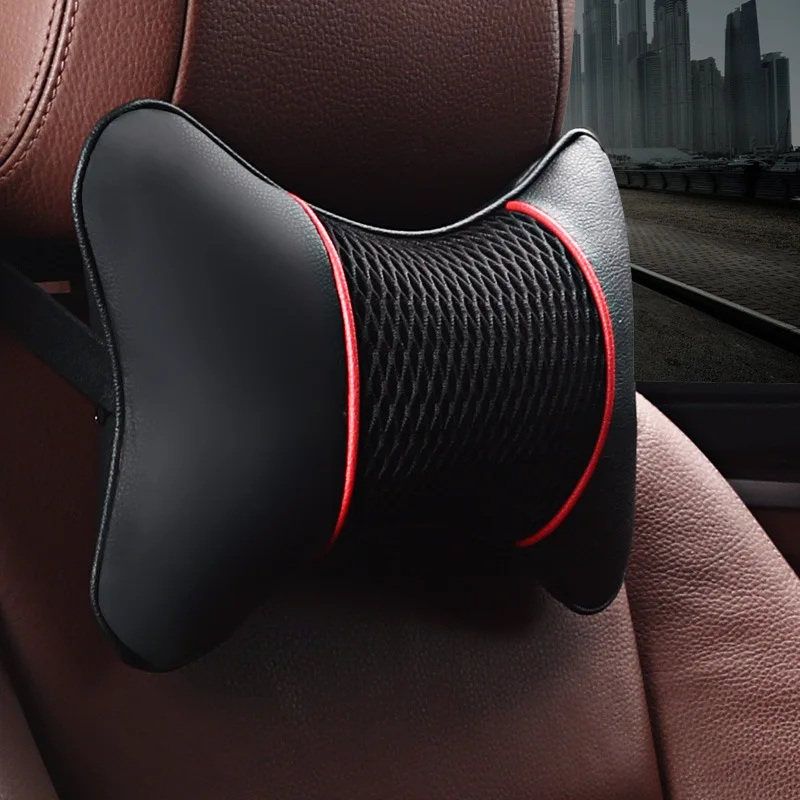 

1Pcs Car Seat Neck Pillow Headrest Rest Cushion Support PU Leather Knitted Seat Auto Black Safety Pillow car Accessories