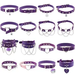 Harajuku Purple PU Leather Choker Necklace For Women Men Punk Gothic Round Heart Star Statement Pendant Tassel Necklace