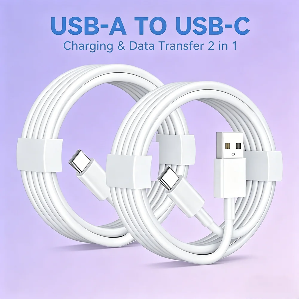 2-Pack 3M Heavy Duty Type-C Charging Cable, USB-A Fast Charger Data Sync Cord for iPhone 15/16/17 Samsung Lenovo Huawei Tablet